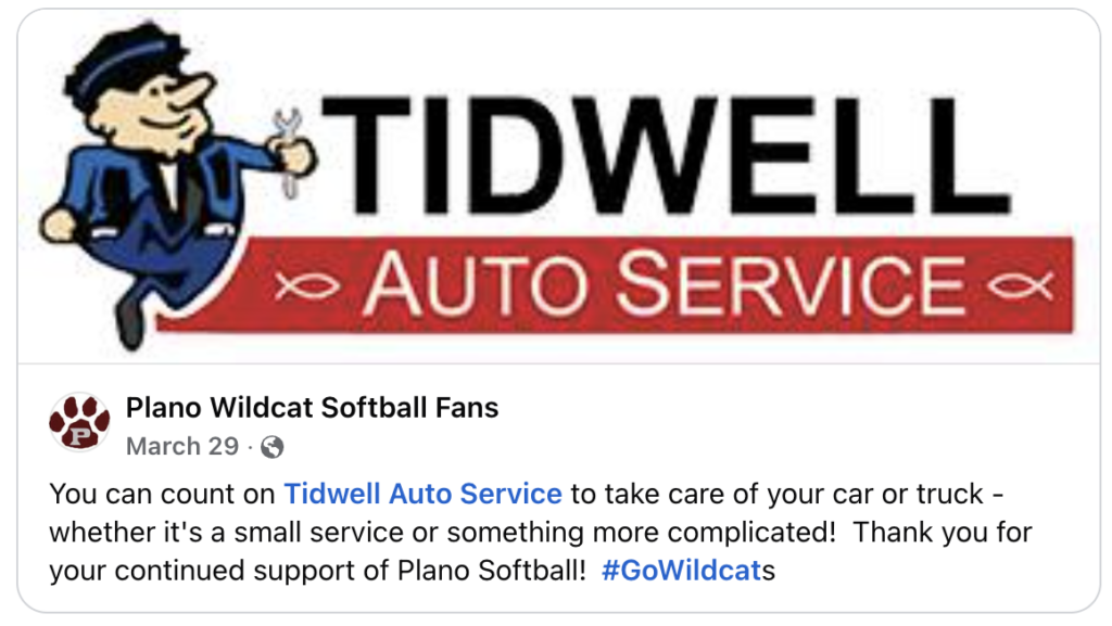 A facebook post - Tidwell Auto Service supporting local community